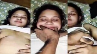 Lover presses boobs of cute girlfriend before sex