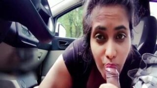 Aunty in car shows big boobs and pussy before blowjob