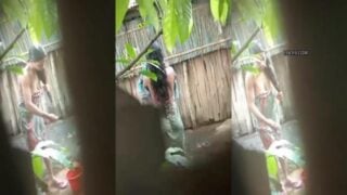 Neighbor wife bathing peeped through a hole in bathroom